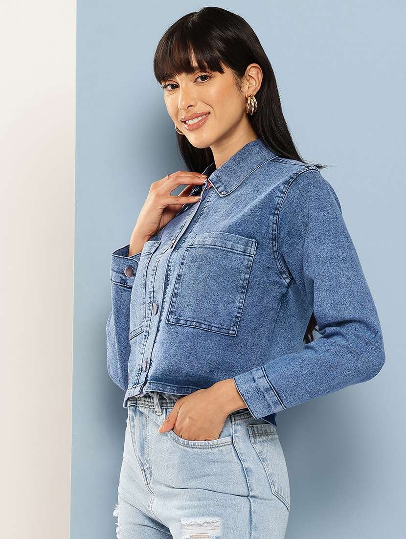 women long sleeve collared denim jacket - 22072838 - Standard Image - 1