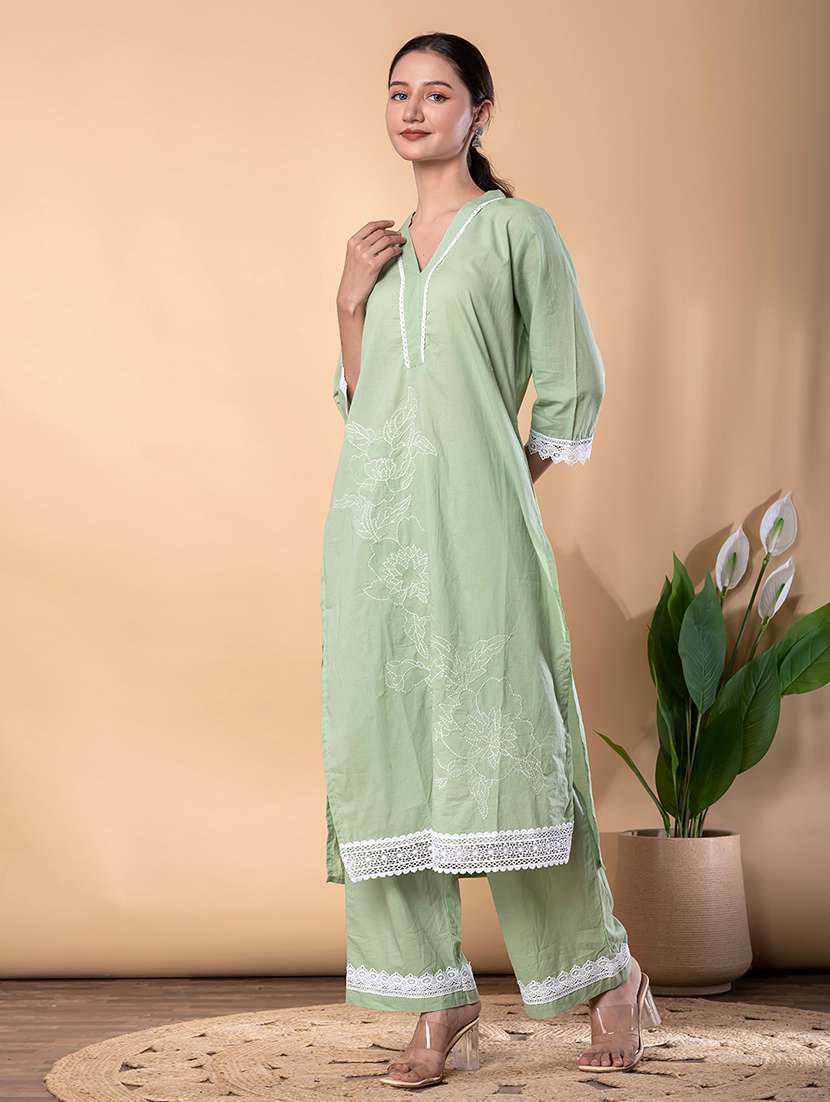 women solid with work three quarter sleeve kurta palazzo set - 22072857 -  Standard Image - 1