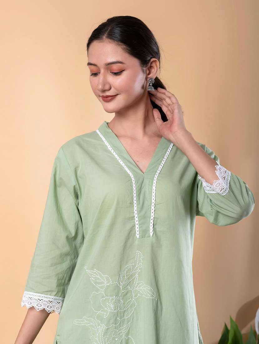 women solid with work three quarter sleeve kurta palazzo set - 22072857 -  Standard Image - 4