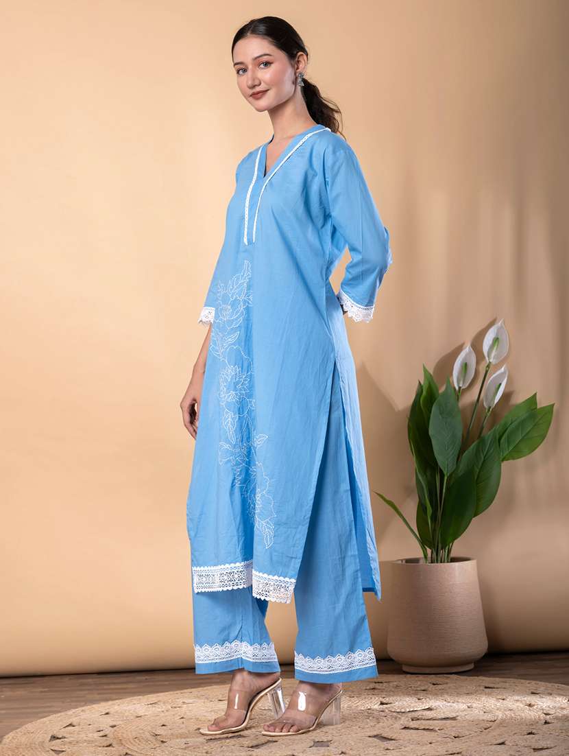 women solid with work three quarter sleeve kurta palazzo set - 22072859 -  Standard Image - 1