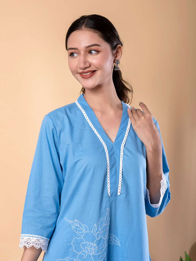 women solid with work three quarter sleeve kurta palazzo set - 22072859 -  Standard Image - 4