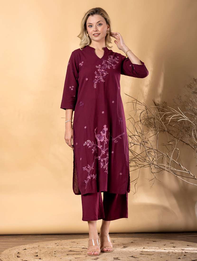 women solid with work three quarter sleeve kurta pant set - 22072876 -  Standard Image - 1