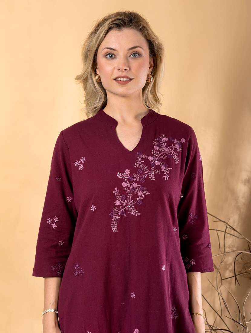 women solid with work three quarter sleeve kurta pant set - 22072876 -  Standard Image - 4