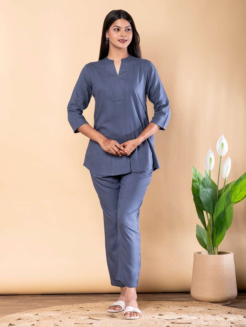 women solid three quarter sleeve ethnic co-ord set - 22072944 -  Standard Image - 1