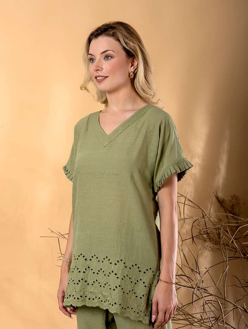 women short sleeve schiffli detailed ethnic co-ord set - 22072957 -  Standard Image - 4