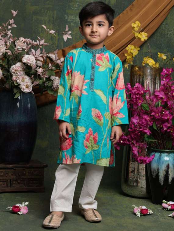 boys floral printed long sleeve kurta and pyjama set