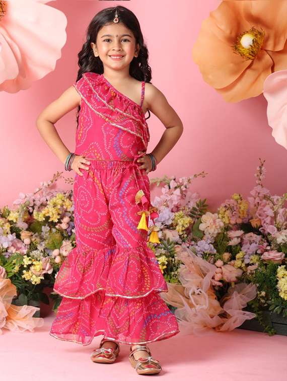 girls bandhani print sleeveless top and sharara pant set