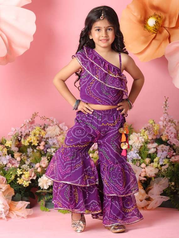 girls bandhani print sleeveless top and sharara pant set - 22072983 -  Standard Image - 1