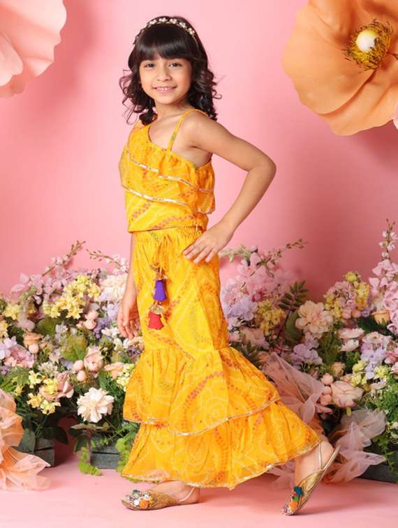 girls bandhani print sleeveless top and sharara pant set - 22072985 -  Standard Image - 1