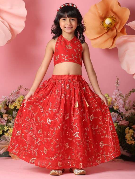 girls embroidered sleveeless lehenga choli set