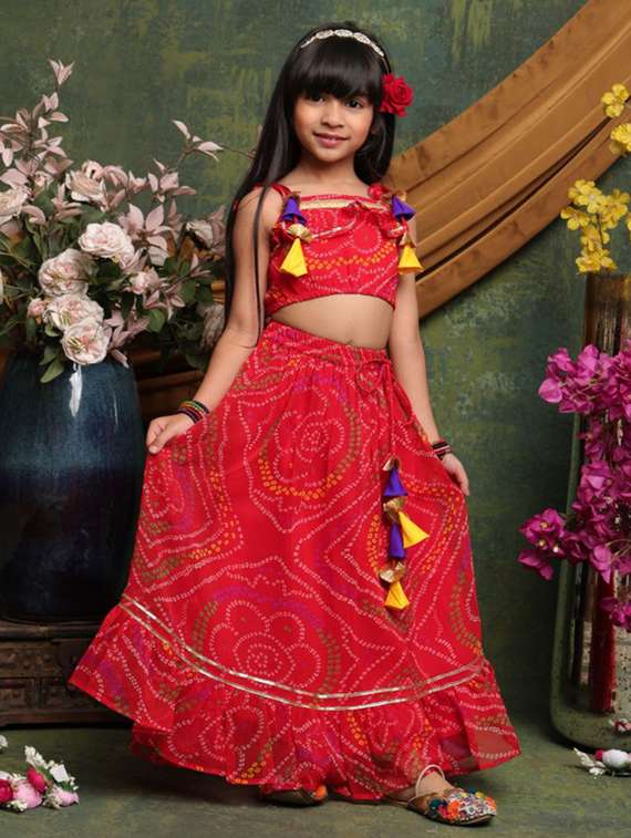 girls bandhani print sleveeless lehenga choli set - 22072991 - Standard Image - 1