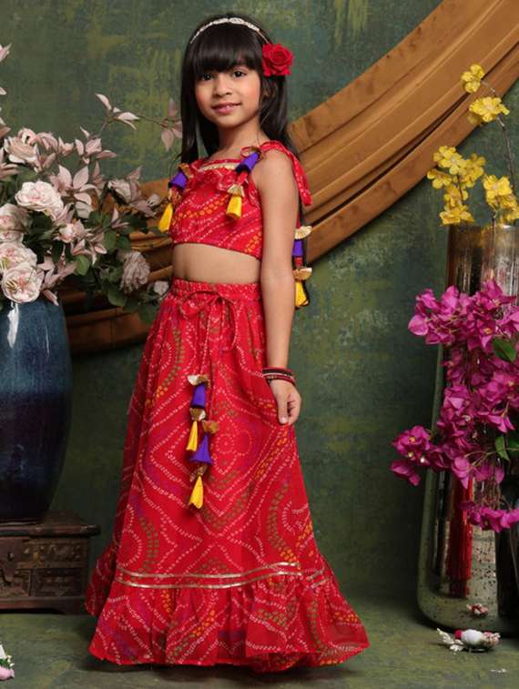 girls bandhani print sleveeless lehenga choli set - 22072991 - Standard Image - 4