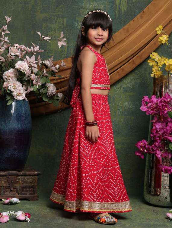 girls bandhnai print sleveeless lehenga choli set - 22072995 - Standard Image - 1