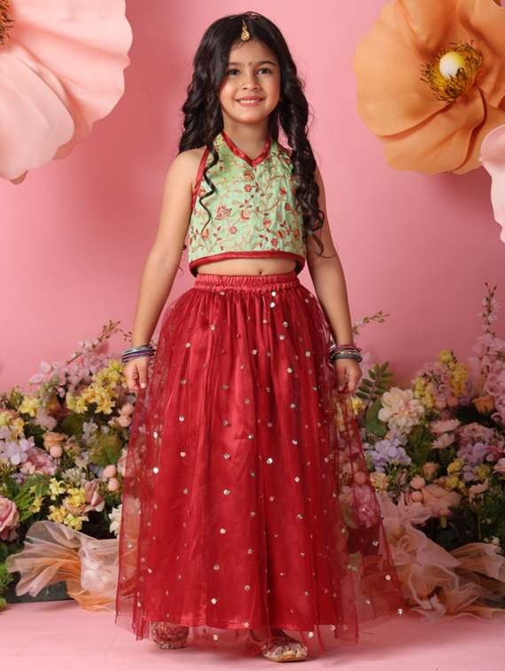 girls embroidered sleveeless lehenga choli set