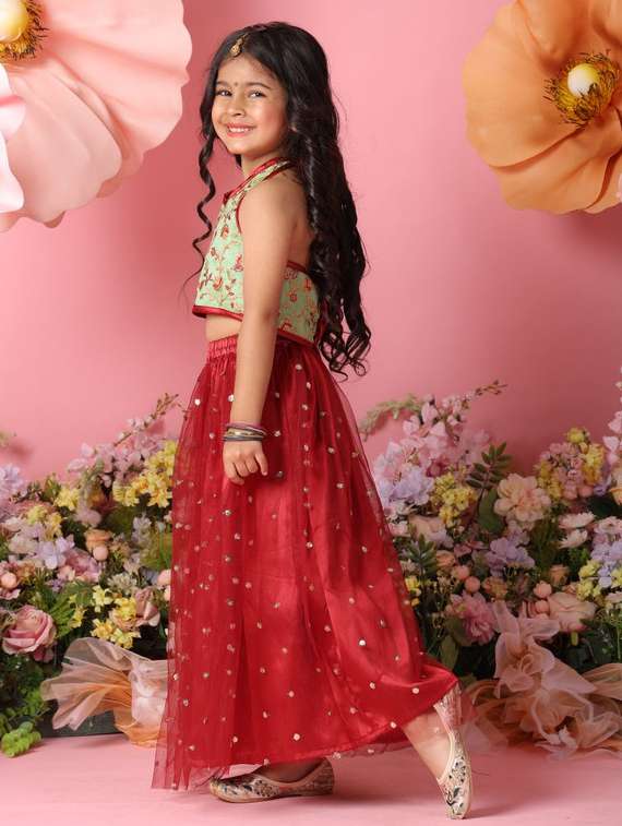 girls embroidered sleveeless lehenga choli set - 22073000 - Standard Image - 1