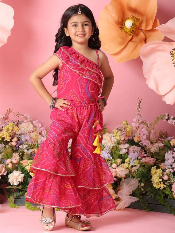 girls printed single shoulder top and sharara pant set  - 22073023 -  Standard Image - 1