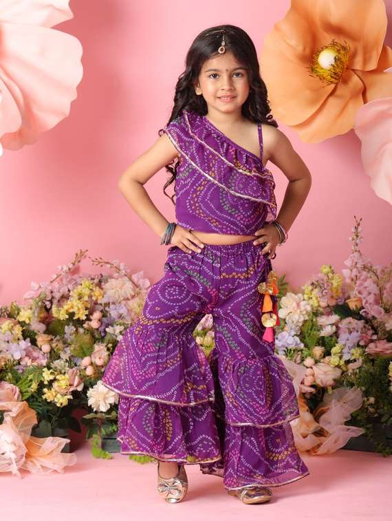 girls printed single shoulder top and sharara pant set  - 22073024 -  Standard Image - 1