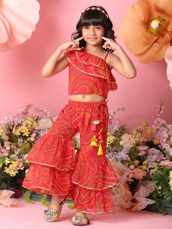 girls printed single shoulder top and sharara pant set  - 22073025 -  Standard Image - 1