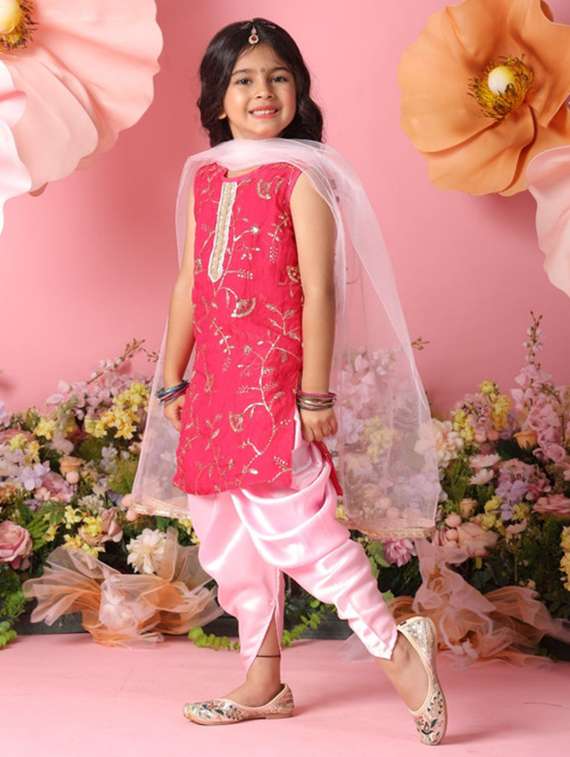 girls embroidered kurta and dhoti set with dupatta - 22073028 - Standard Image - 1