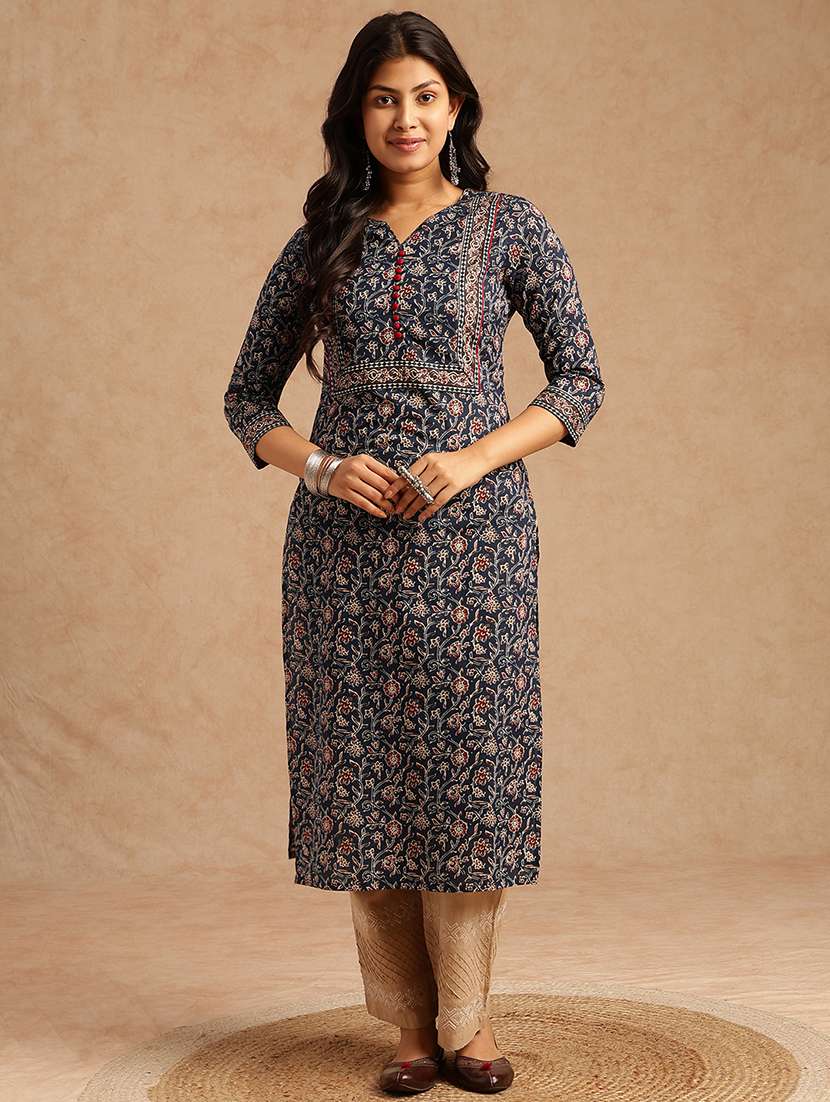 womne floral printed three quarter sleeve straight kurta - 22073284 -  Standard Image - 1
