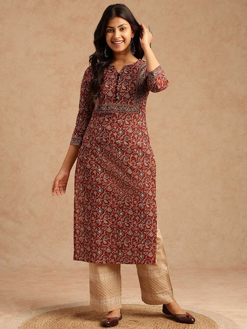 women floral three quarter sleeve straight kurta - 22073285 -  Standard Image - 1