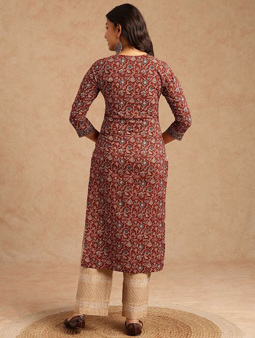 women floral three quarter sleeve straight kurta - 22073285 -  Standard Image - 4