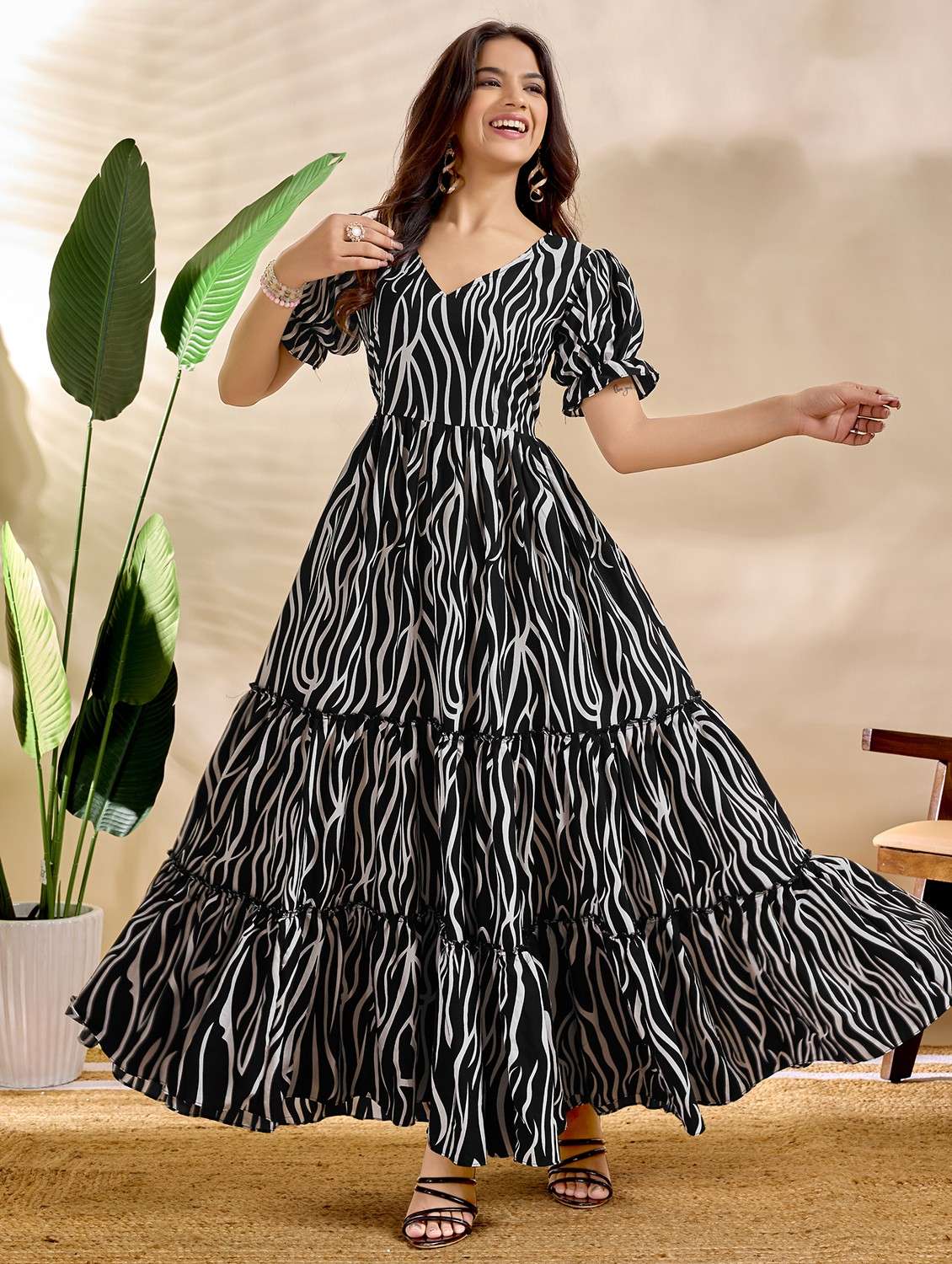 tiered printed maxi dress party wear - 22073776 -  Standard Image - 1