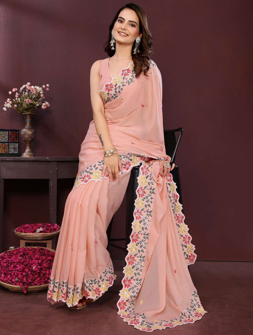women solid with work embroidered saree with blouse - 22073944 -  Standard Image - 1