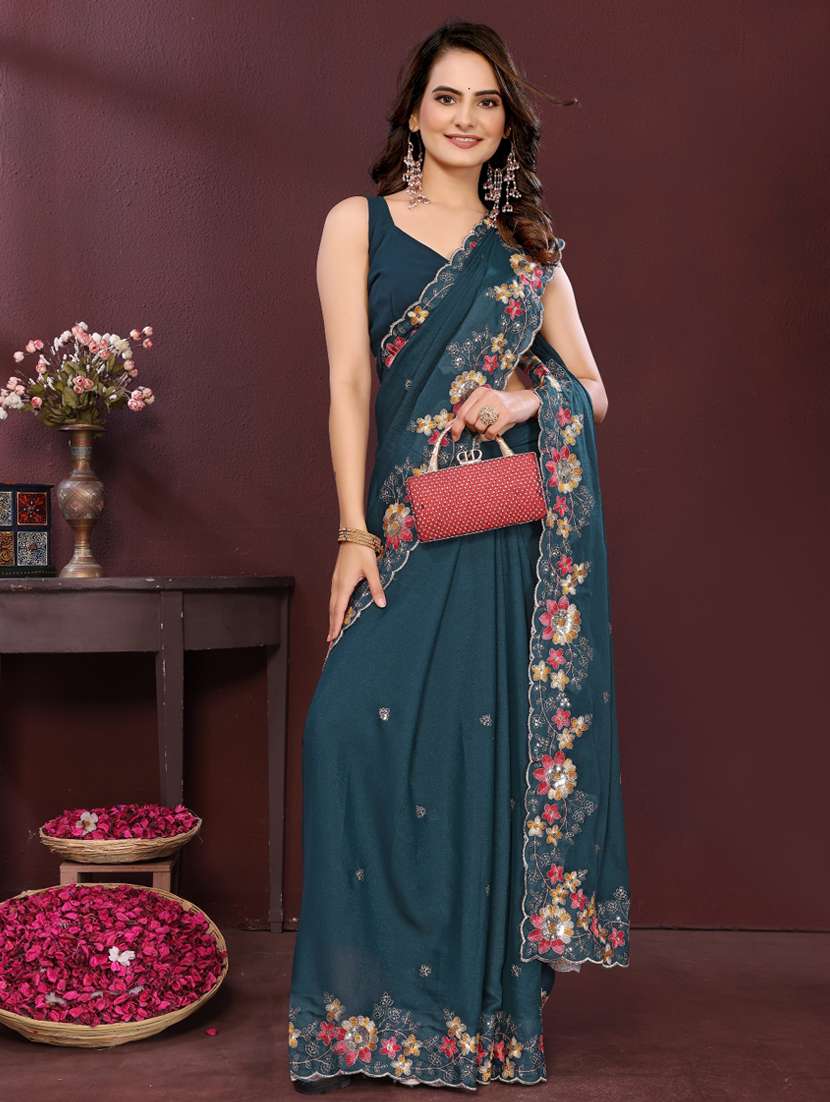 women solid with work embroidered saree with blouse - 22073948 - Standard Image - 1