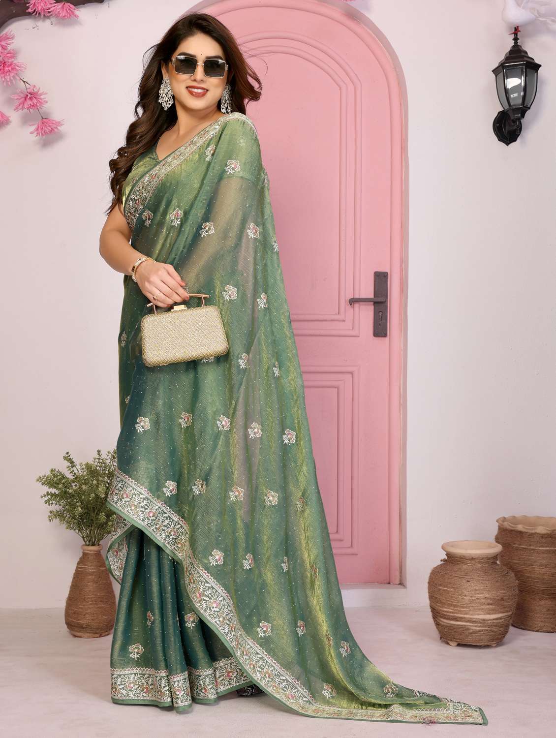 green tissue embroidered saree with blouse - 22073970 -  Standard Image - 1