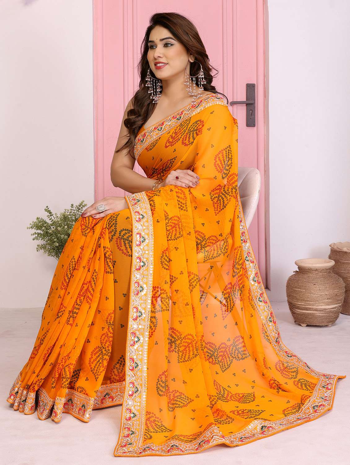 women bandhani printed bordered saree with blouse - 22073974 - Standard Image - 1