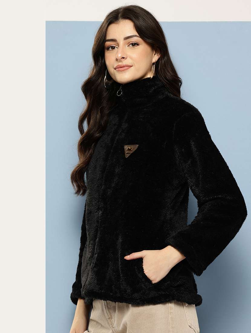 women solid stand collar long sleeve fur jacket - 22074023 - Standard Image - 1