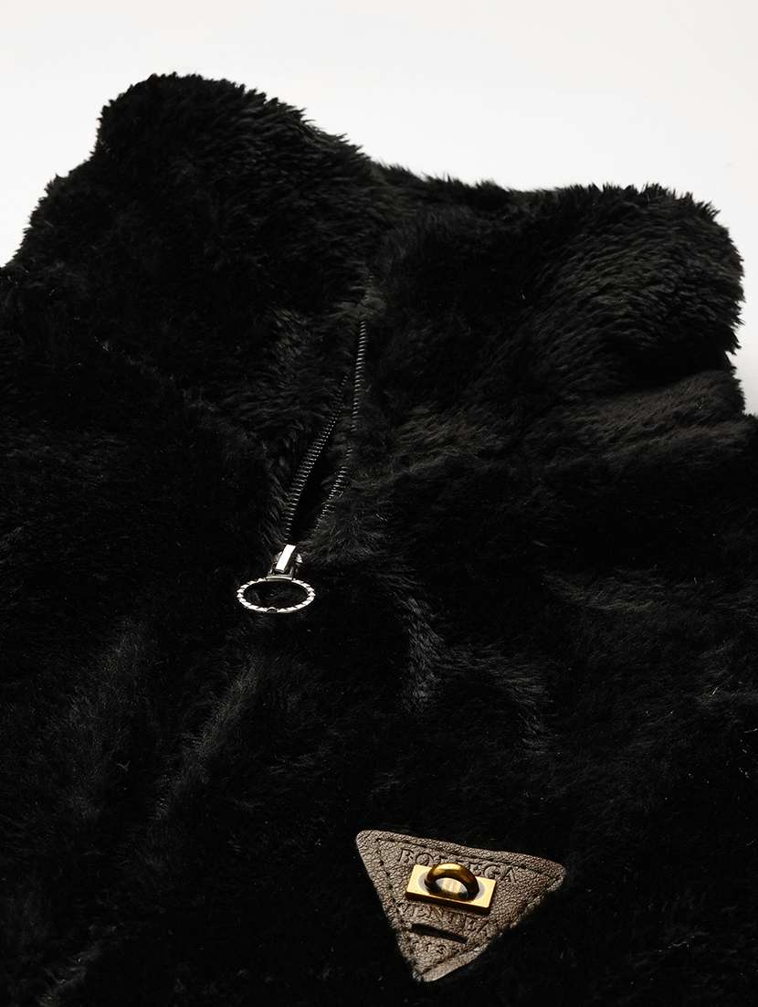 women solid stand collar long sleeve fur jacket - 22074023 - Standard Image - 4