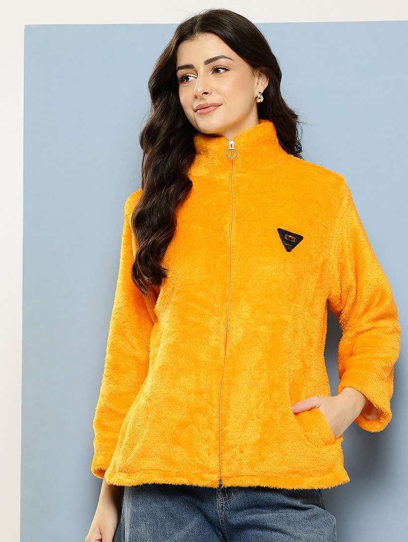 women solid stand collar long sleeve fur jacket