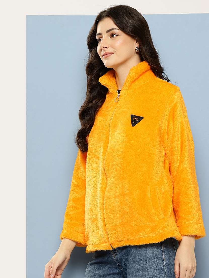 women solid stand collar long sleeve fur jacket - 22074024 -  Standard Image - 1