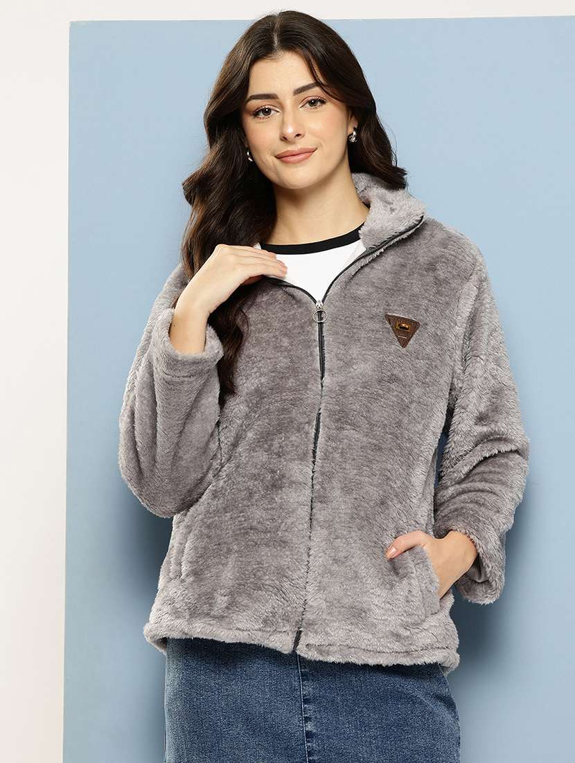 women solid stand collar long sleeve fur jacket