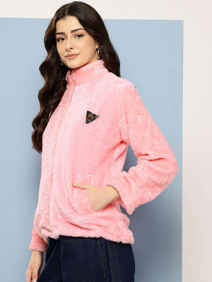 women solid stand collar long sleeve fur jacket - 22074027 -  Standard Image - 1