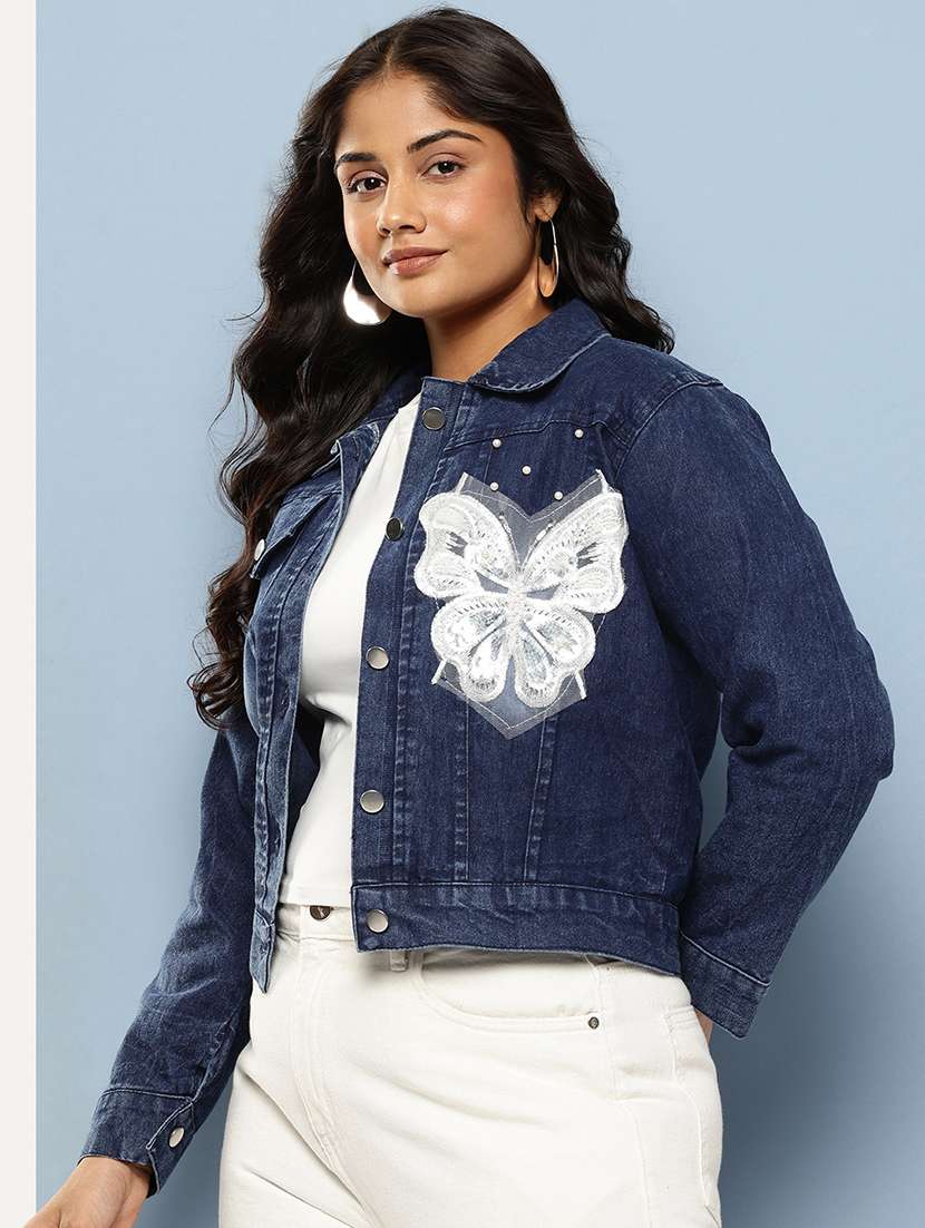 denim navy blue embroidered women jacket - 22074031 -  Standard Image - 1