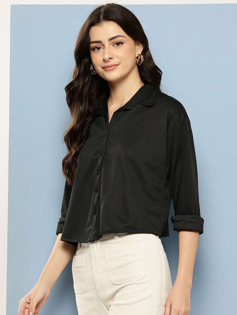 women solid collared long sleeve crop shirt - 22074053 -  Standard Image - 1