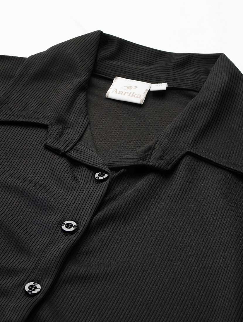 women solid collared long sleeve crop shirt - 22074053 - Standard Image - 4