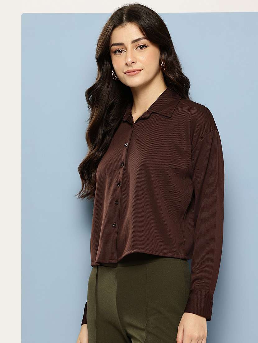 women solid collared long sleeve crop shirt - 22074054 -  Standard Image - 1