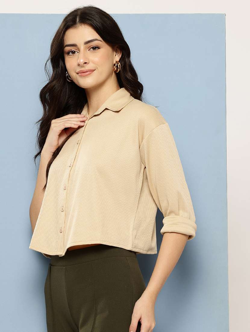 women solid collared long sleeve crop shirt - 22074055 -  Standard Image - 1