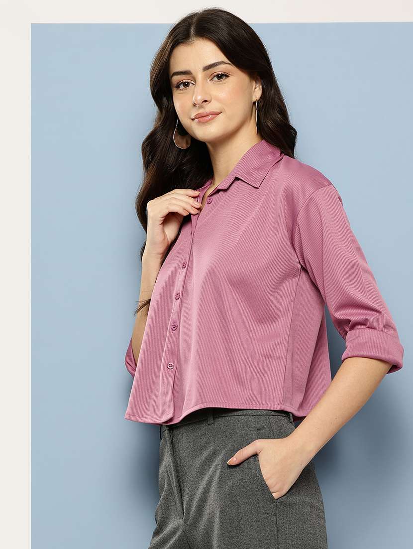 women solid collared long sleeve crop shirt - 22074056 -  Standard Image - 1