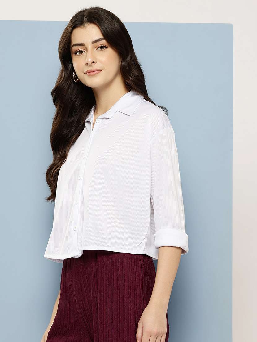 women solid collared long sleeve crop shirt - 22074057 -  Standard Image - 1