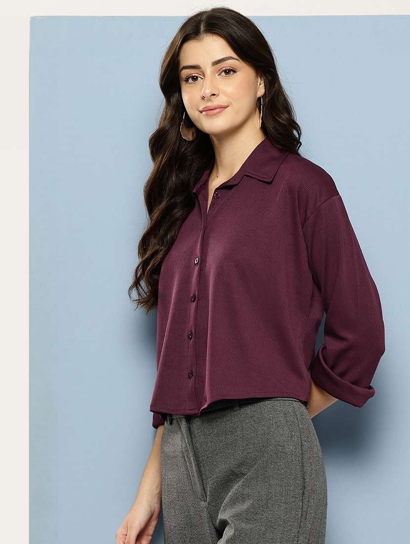 women solid collared long sleeve crop shirt - 22074058 -  Standard Image - 1