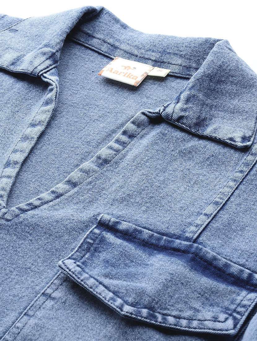 women solid collared denim crop top - 22074099 -  Standard Image - 4