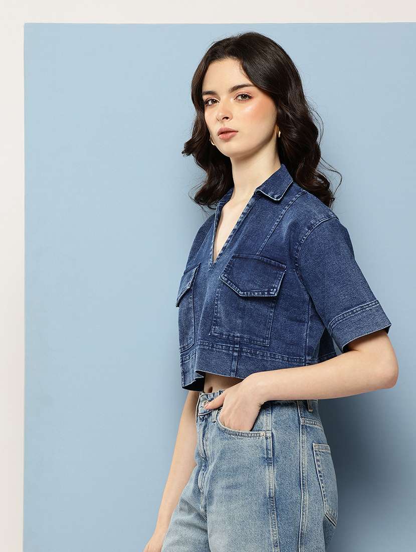 women solid collared denim crop top - 22074100 -  Standard Image - 1