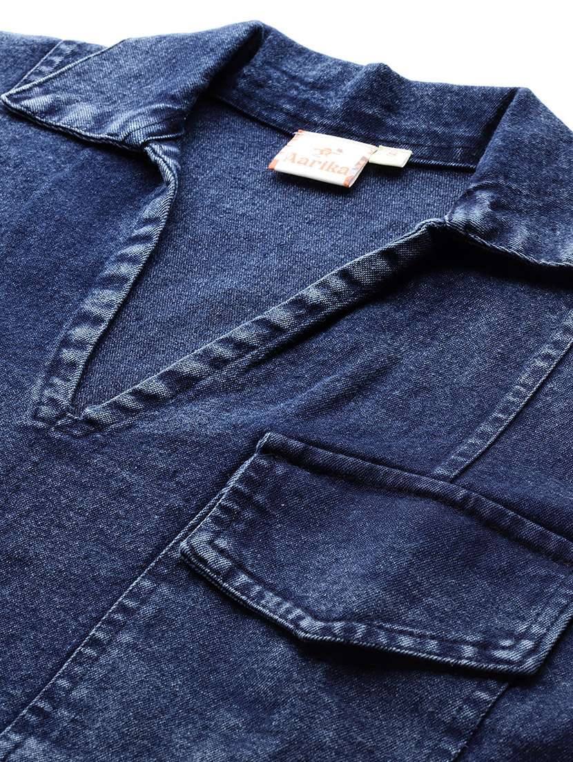 women solid collared denim crop top - 22074100 -  Standard Image - 4