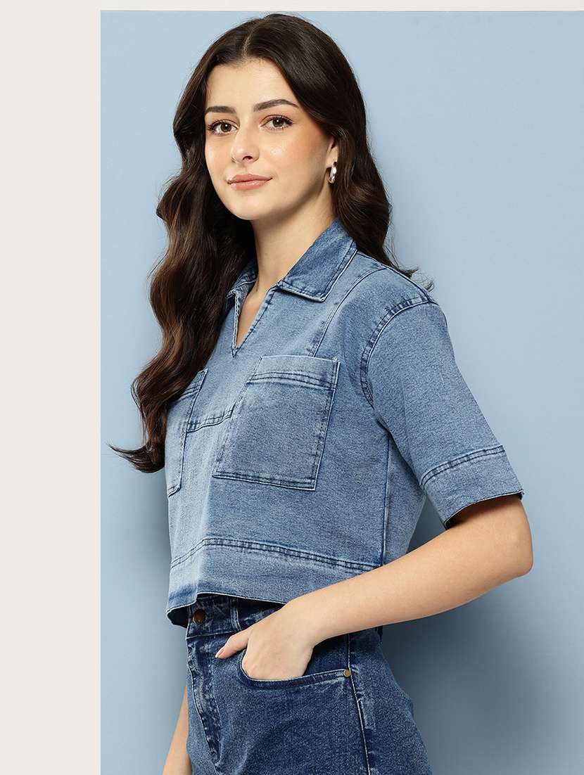 women solid collared denim crop top - 22074101 -  Standard Image - 1