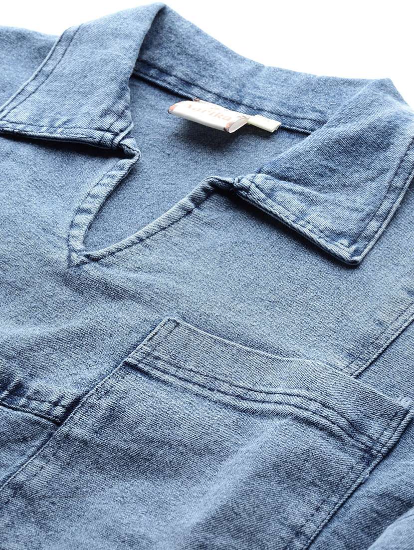 women solid collared denim crop top - 22074101 -  Standard Image - 4